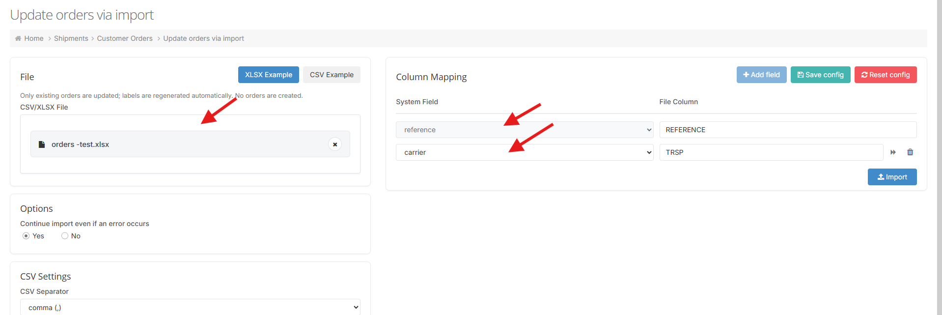 Order update import with reference and carrier column mapping
