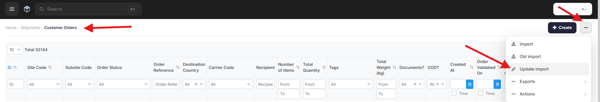Customer orders menu with the update import action