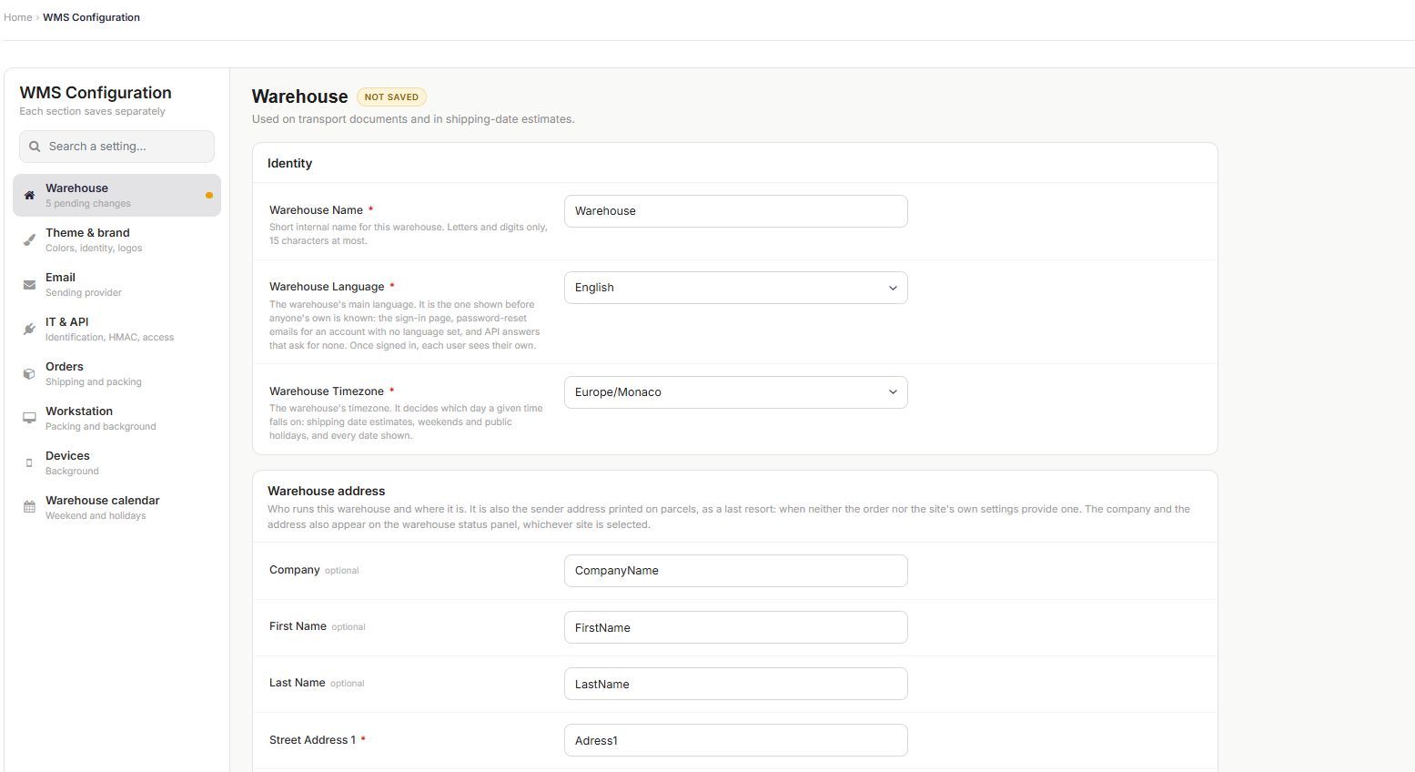 WMS settings with search, sidebar sections and an unsaved section indicator
