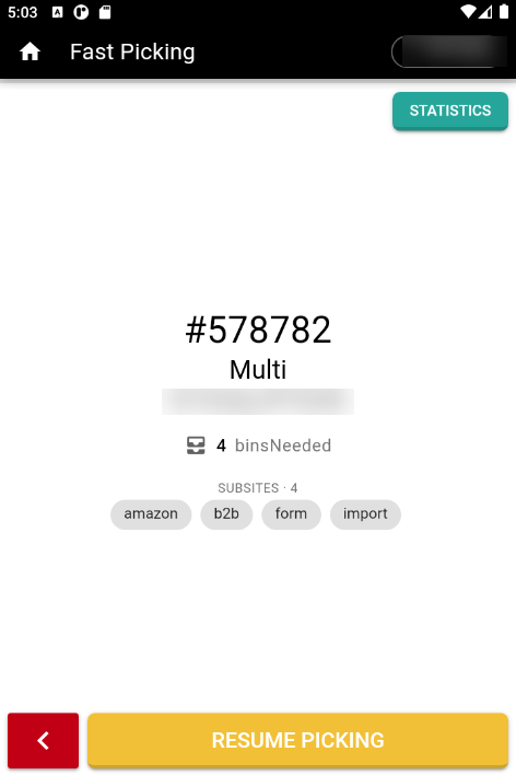 Picking start screen with series, bin count and subsites
