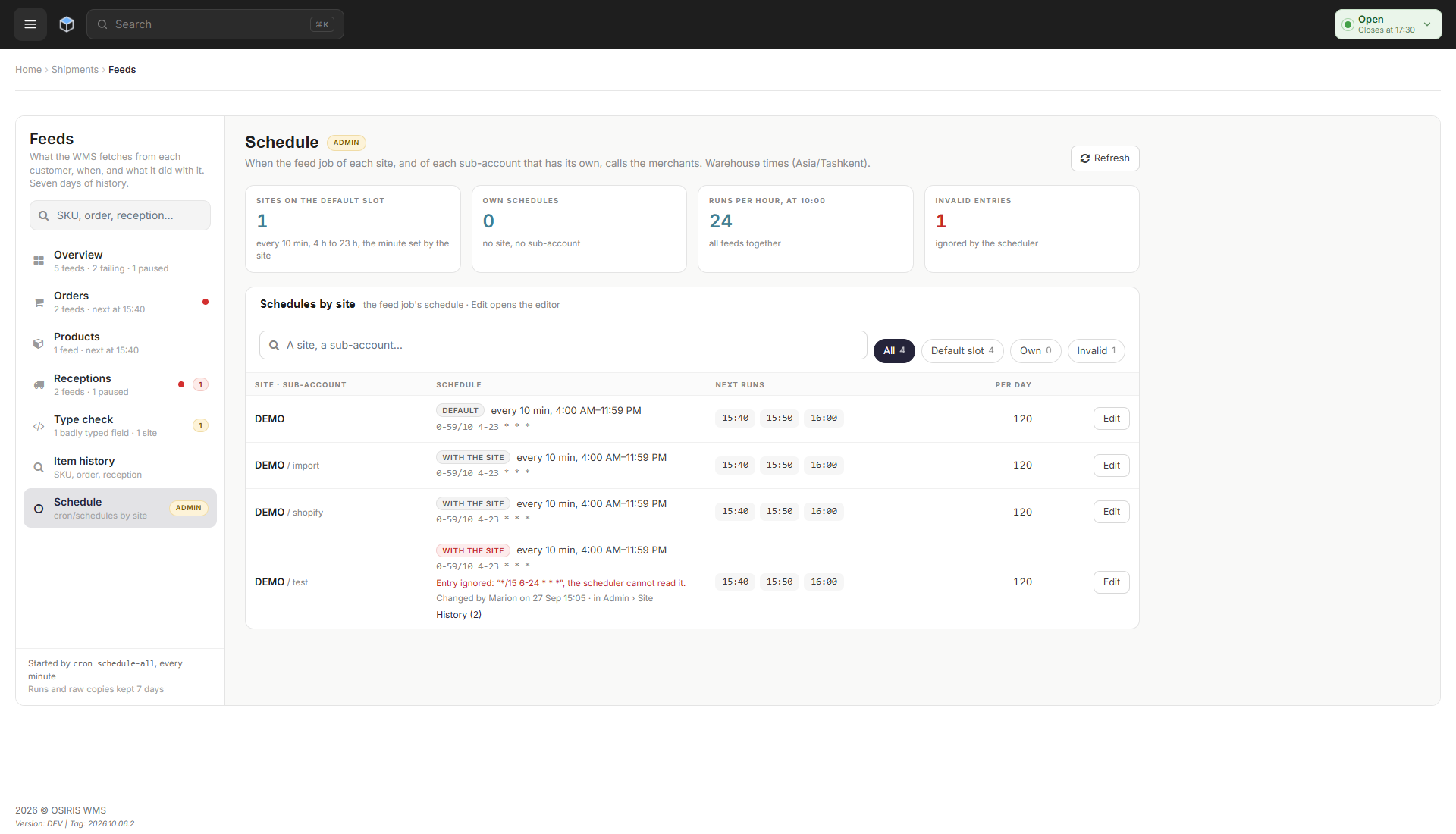 The Schedule page of Feeds, listing each site and sub-account with its import schedule, its next runs and an Edit button