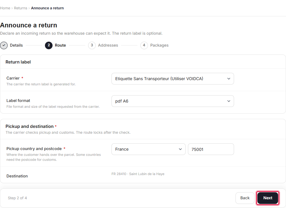 Return route step with carrier, label format and pickup details