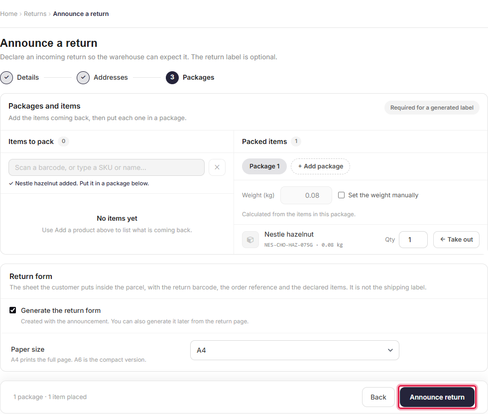 Return announcement with parcels, items and the return form option
