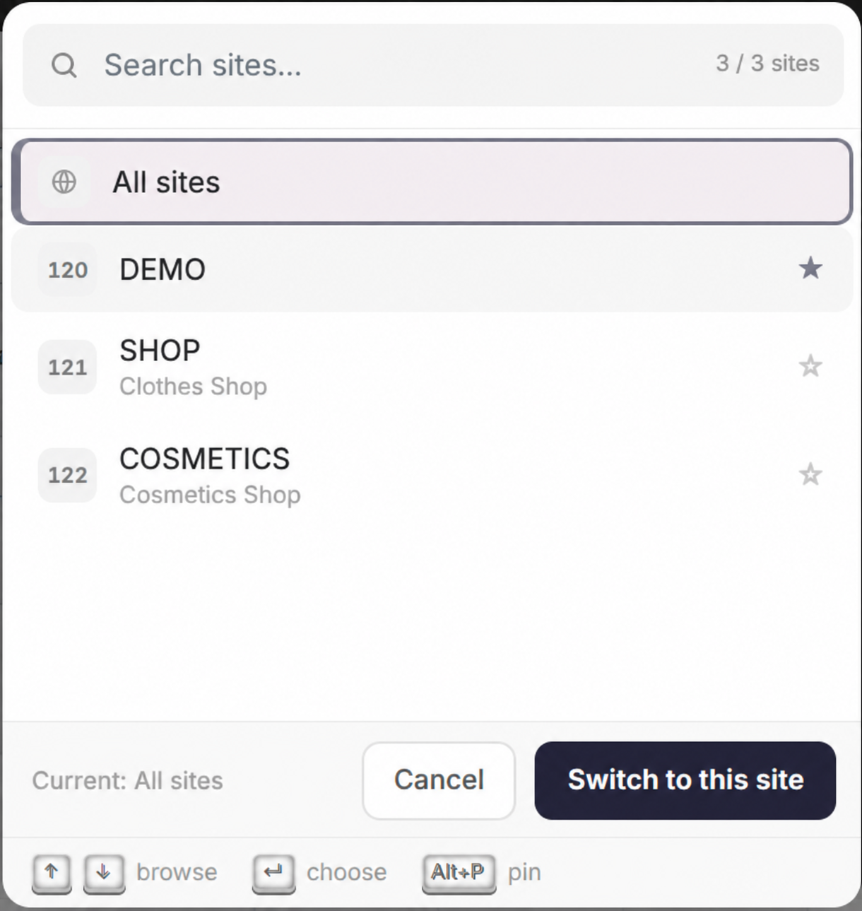 Site search with pinned sites