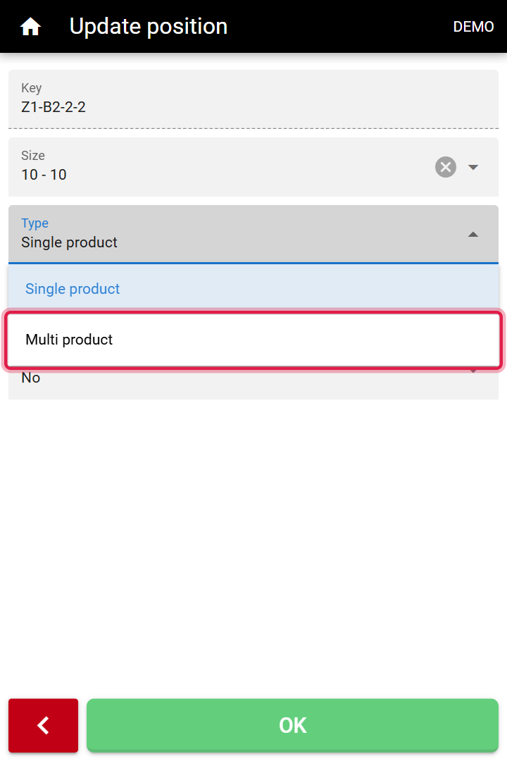 Position type selection for one or several products on the PDA