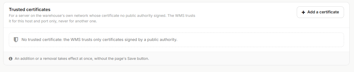 The Trusted certificates panel in Configuration > IT & API, with its Add a certificate button and empty-state message