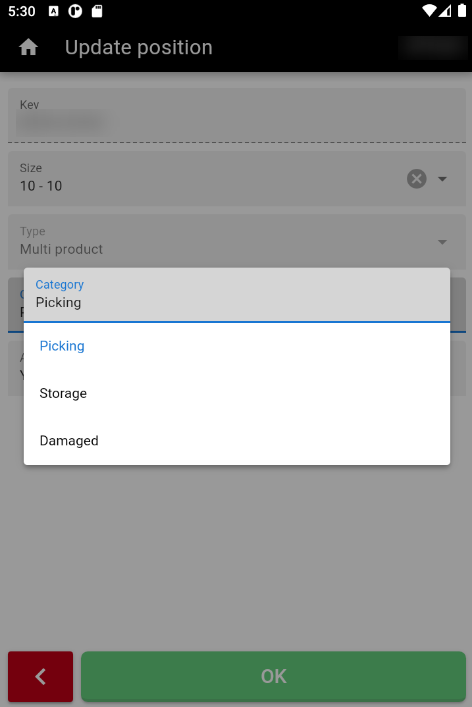 Position category menu with picking, storage and damaged options