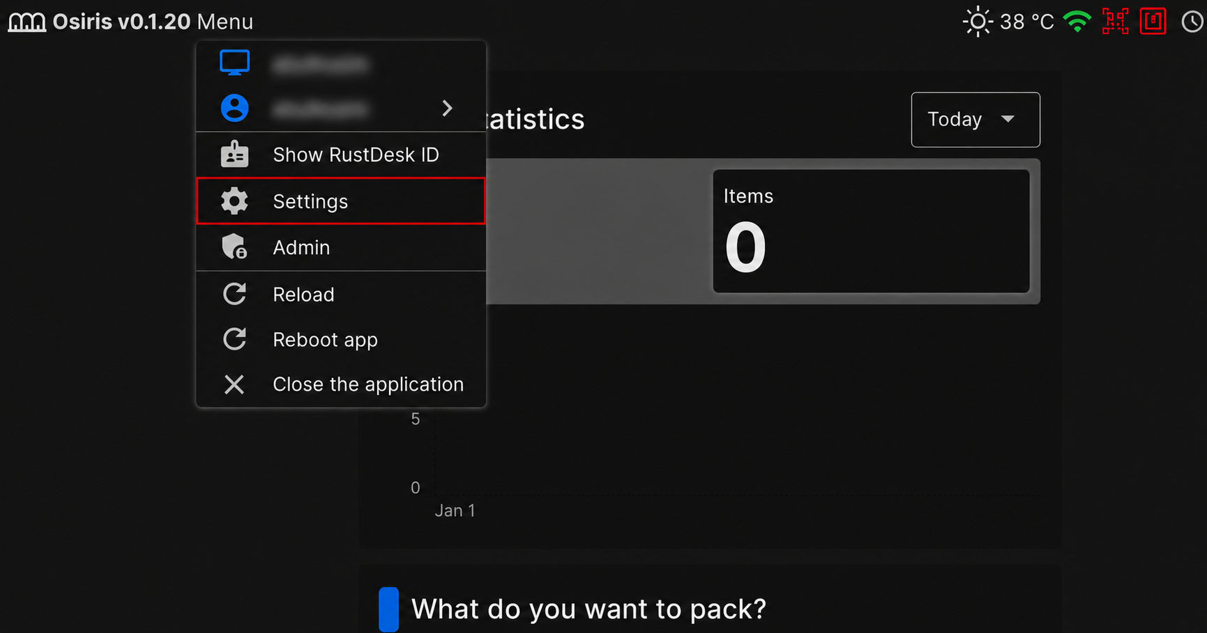 Workstation menu with the settings option highlighted